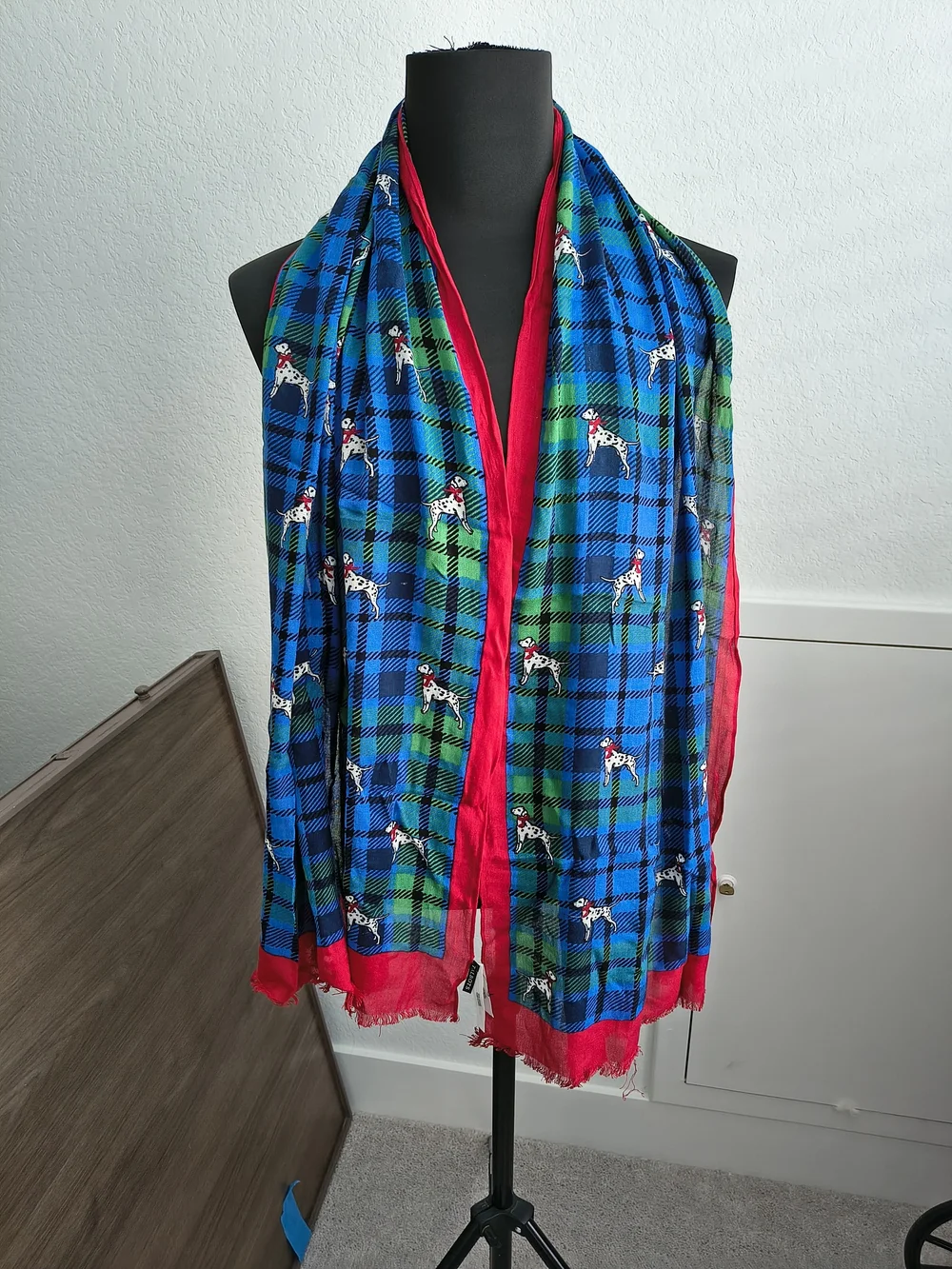 Talbots Blue and Green Plaid Scarf with Dalmatian Print and Red